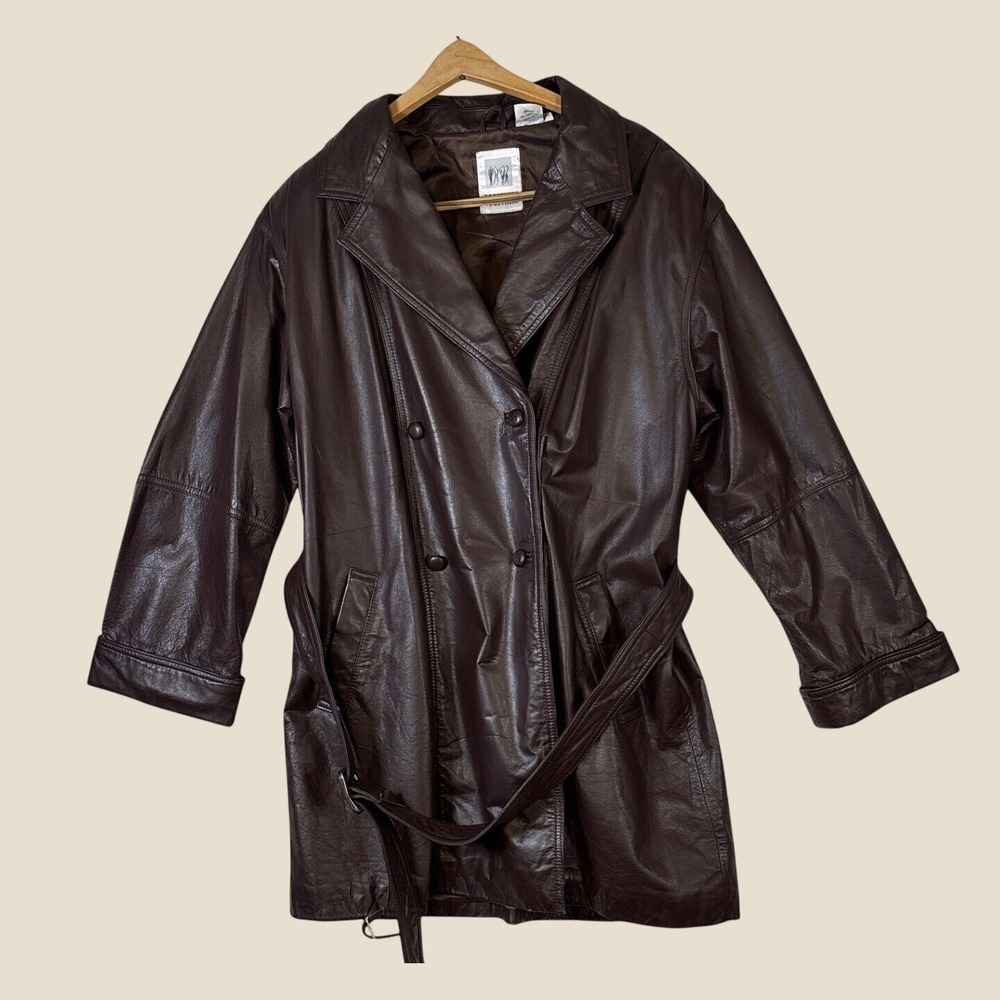 Together! Vintage Brown Leather Trench Coat Double Breasted Belted Jacket XL